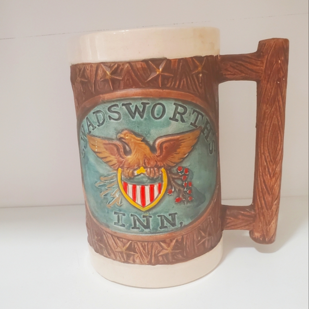 Vintage S.Wadsworth's Inn colonial style raised detail eagle and shield HP mug